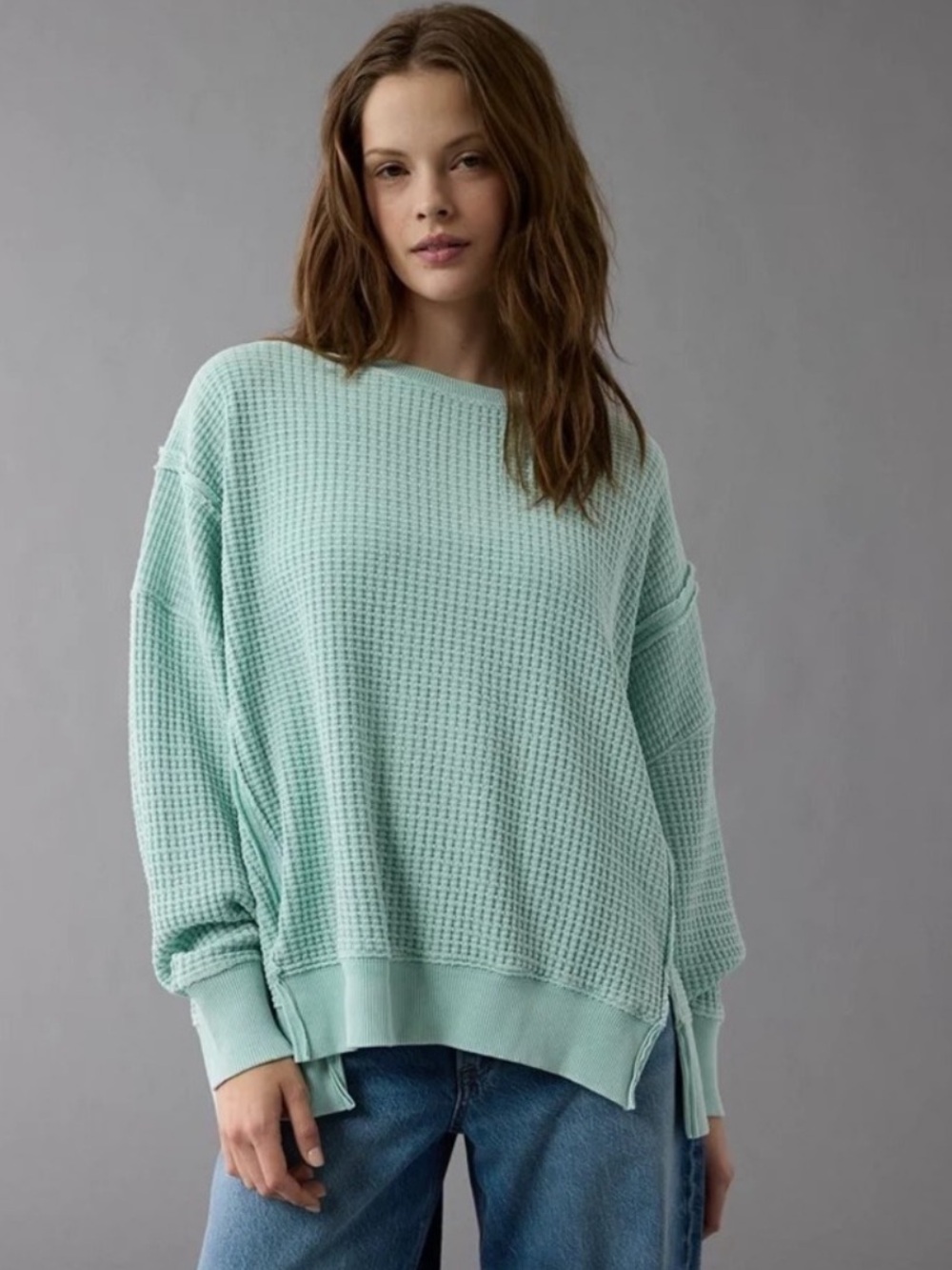 American Eagle Big Hug Oversized Mint Waffle Knit Sweatshirt Women's XXS